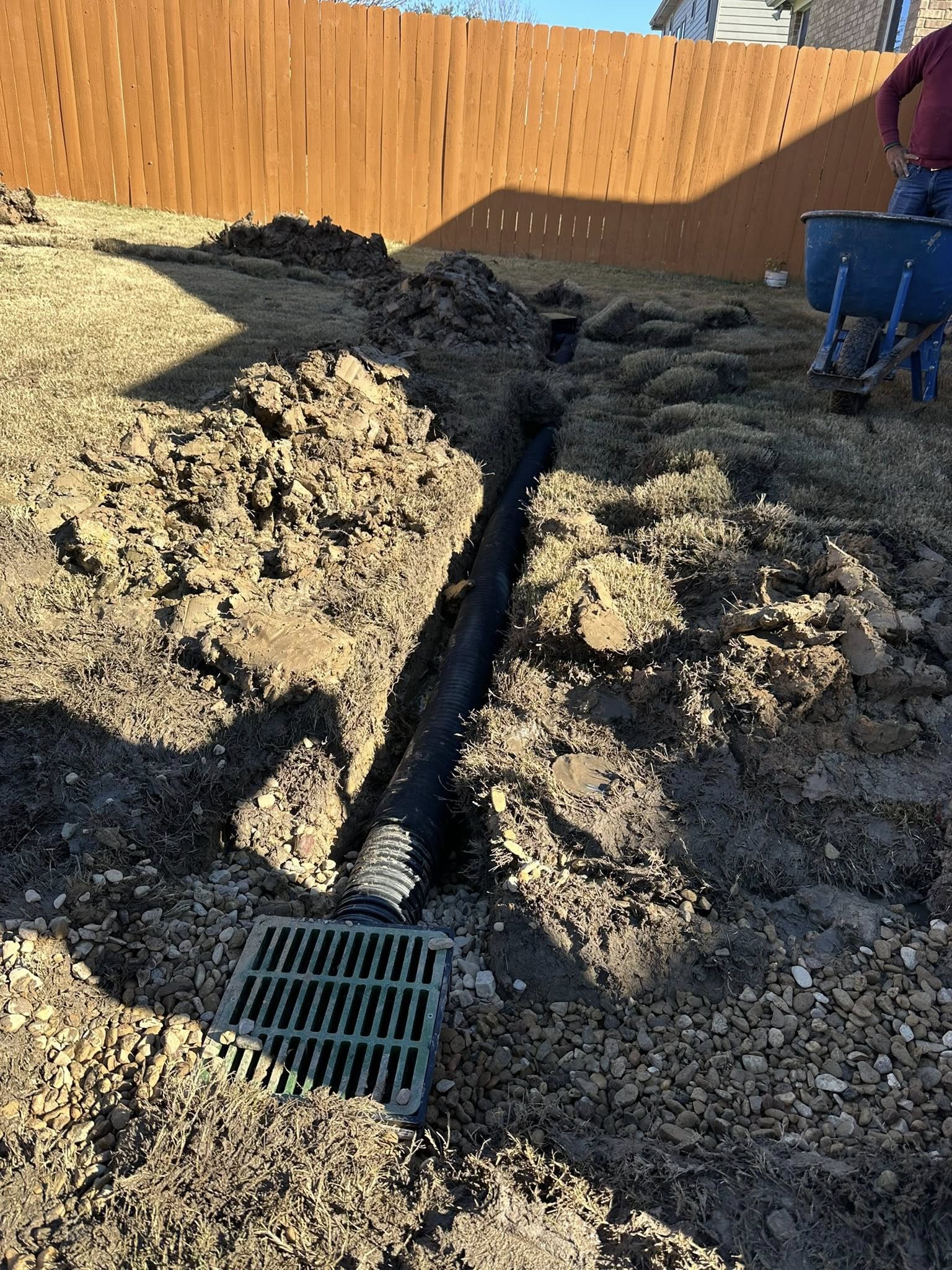 French drain trench with catch basin